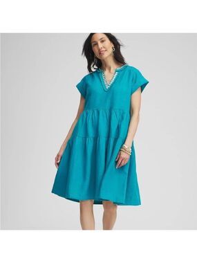 Chico's Linen Beaded V-Neck Tiered Dress Teal Small NWT